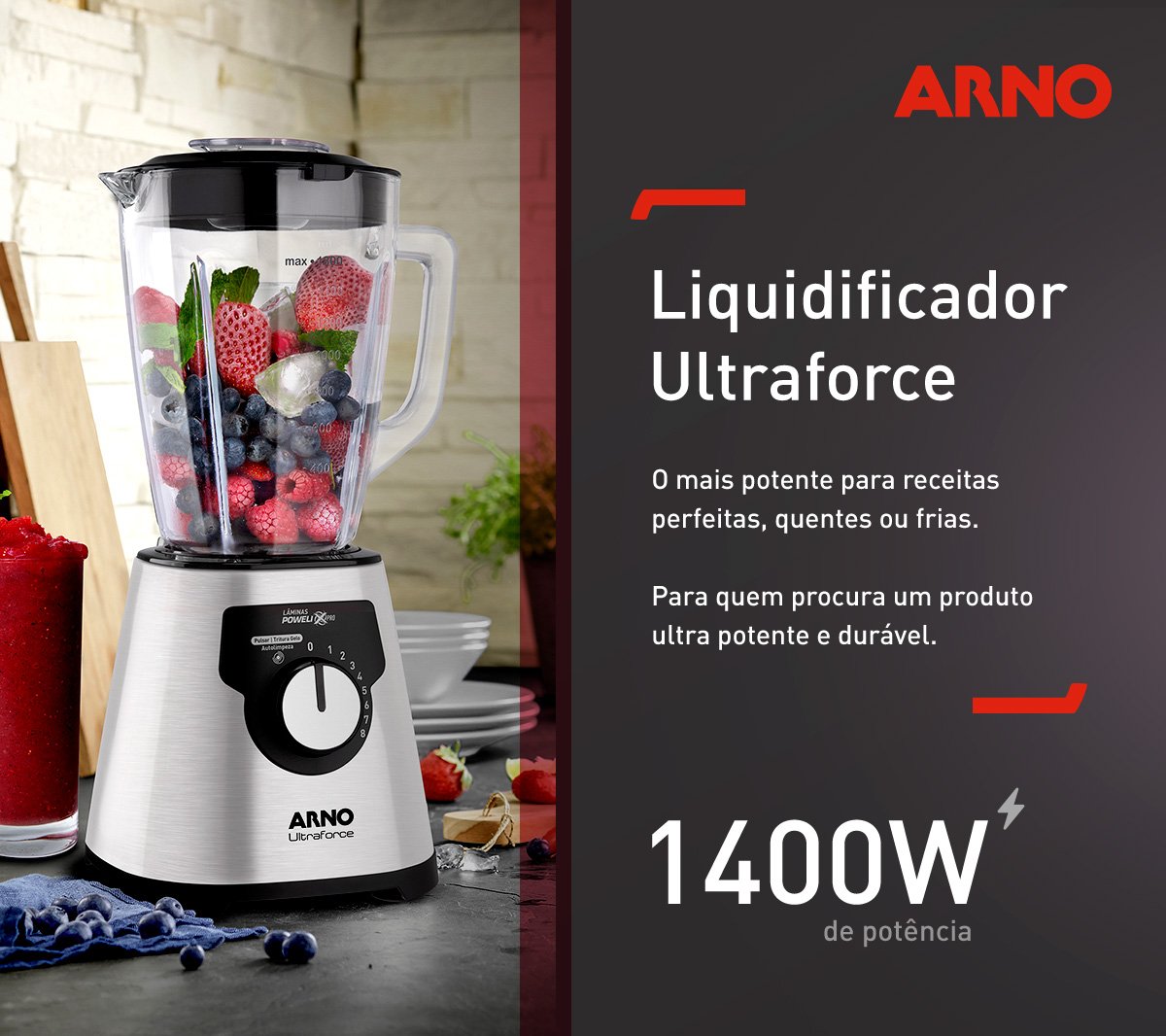Arno. Liquidificador Ultraforce. O mais potente para receitas perfeitas, quentes ou frias. Para quem procura um produto ultra potente e durável. 1400W de potência.