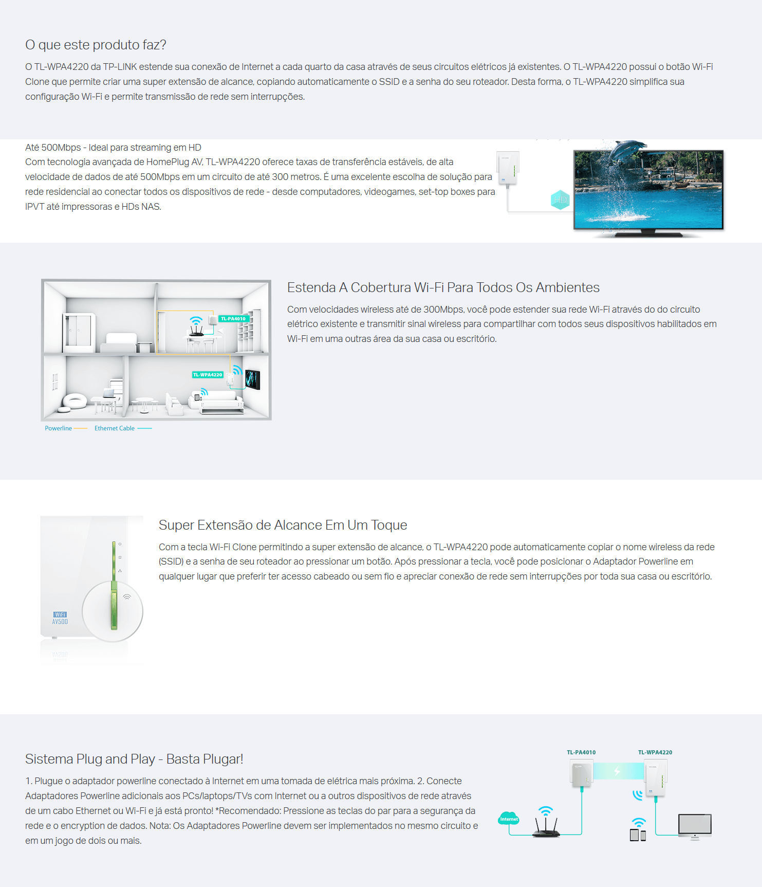 Kit Extensor de Alcance Tp-Link Powerline TL-WPA4220 Wifi 300Mbps AV 500Mpbs