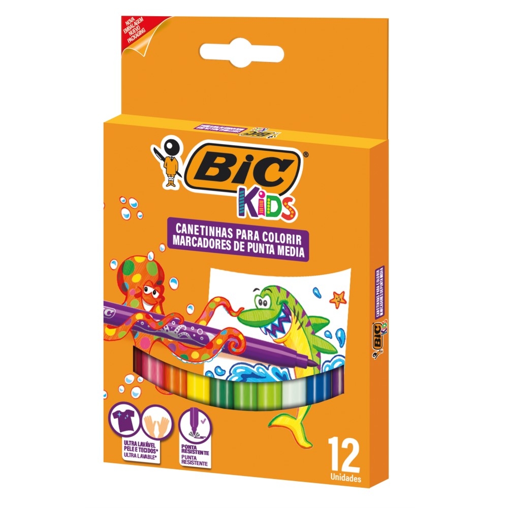 Caneta Hidrográfica Bic Kids Ponta Média 12 Co | BIC | Nagem