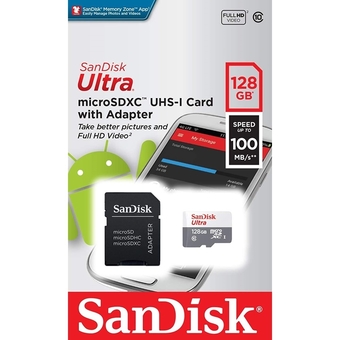 Cartão de Memória Micro SD Sandisk Ultra 128GB 100mb/s + Adaptador SD Classe 10