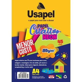 Papel Usapel Criativo Neon A4 85g/m² 45 Folhas 5 Cores Sortidas